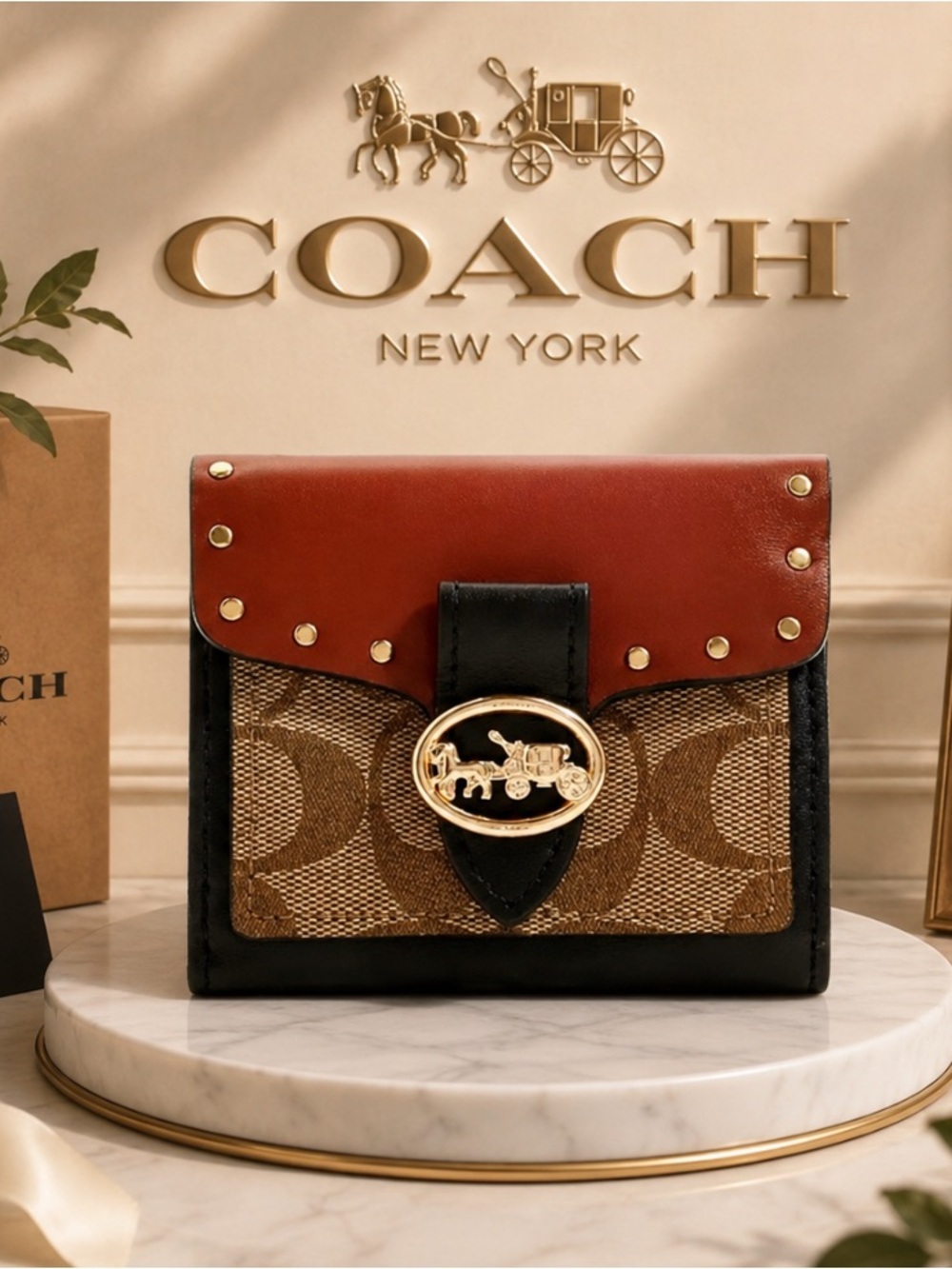 Coach Georgie Brown Signature Canvas & Black Leather Sm Wallet smooth LeatherNWT